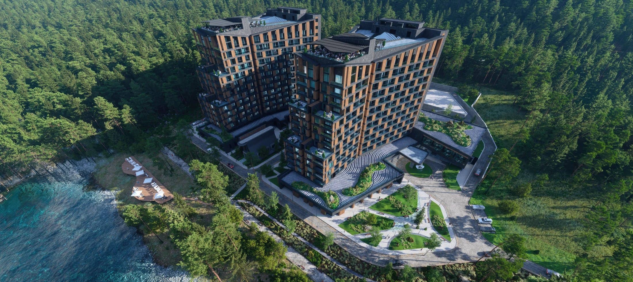 Два корпуса апарт-резорта Рэдиент Алтай на набережной Катуни